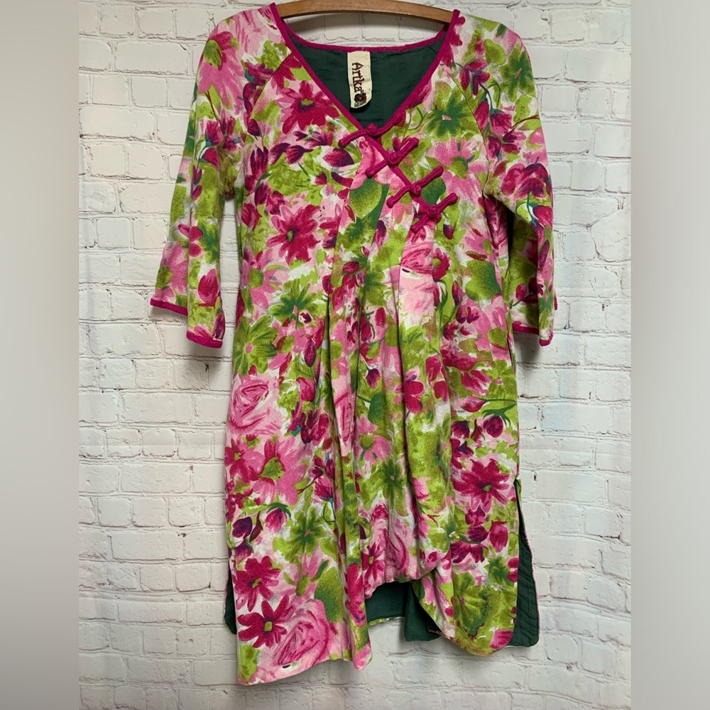 RARE Artka Floral Pink and Green Oriental Coat Dress Size S​